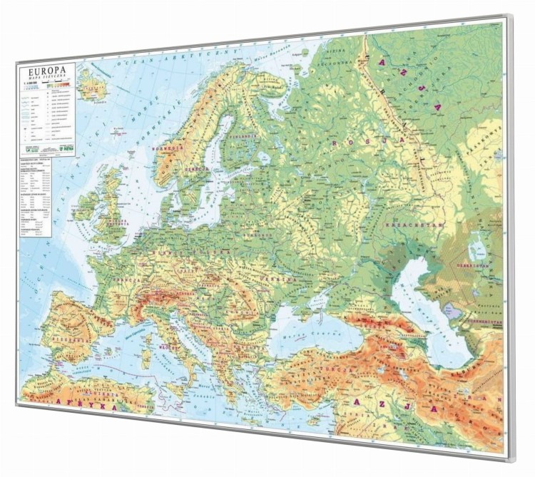Europa 1:4 500 000. Mapa fizyczna (ogólnogeograficzna) magnetyczna. Rama alu SLIM