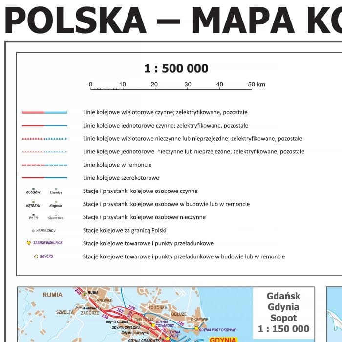 Polska 1:500 000. Mapa kolejowa. Wersja do wpinania. Legenda 1