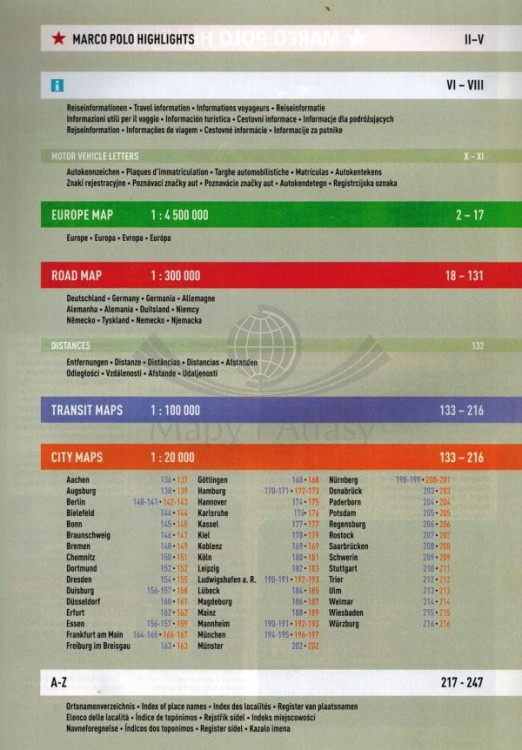Niemcy 1:300 000. Atlas samochodowo-turystyczny wydawnictwa Marco Polo. Spis treści