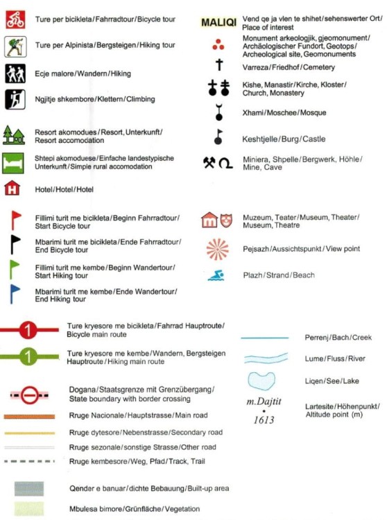 Albania: Korca 1:50 000. Mapa turystyczno-rowerowa 7 wydawnictwa Huber Kartographie. Legenda