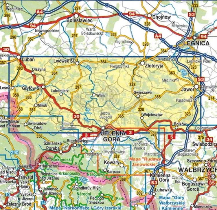 Góry Kaczawskie. Pogórza Kaczawskie i Izerskie 1:40 000. Laminowana mapa turystyczna wydawnictwa Compass. Zasięg