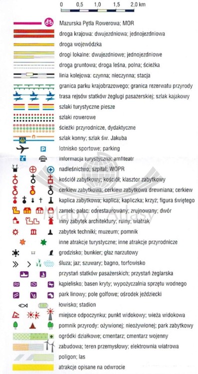 Mazurska Pętla Rowerowa / Mazury. Laminowana mapa turystyczna wydawnictwa Galileos. Legenda