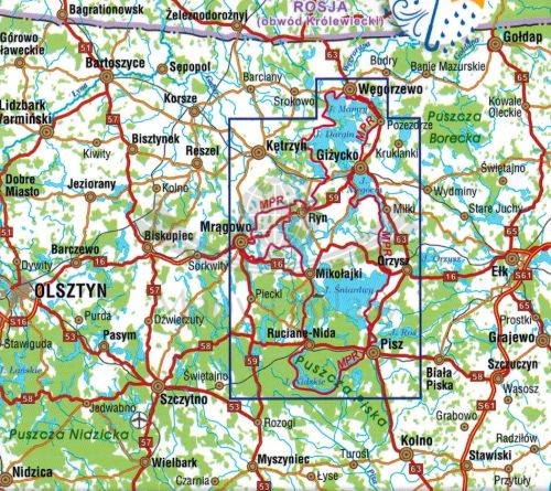 Mazurska Pętla Rowerowa / Mazury. Laminowana mapa turystyczna wydawnictwa Galileos. Zasięg