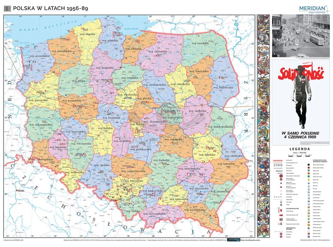 Polska w latach 1956-1989. Mapa ścienna 160 x 120 cm. Drewniane półwałki