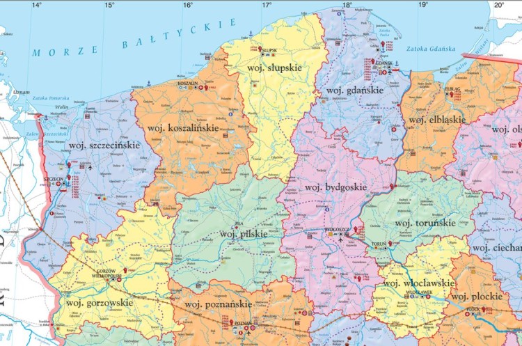 Polska w latach 1956-1989. Mapa ścienna 160 x 120 cm. Drewniane półwałki. Fragment 1