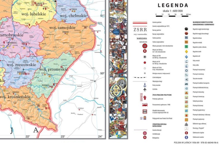 Polska w latach 1956-1989. Mapa ścienna 160 x 120 cm. Drewniane półwałki. Fragment 2