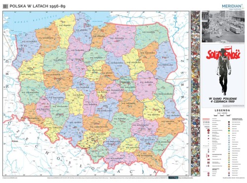 Polska w latach 1956-1989. Mapa ścienna 200 x 150 cm. Drewniane półwałki