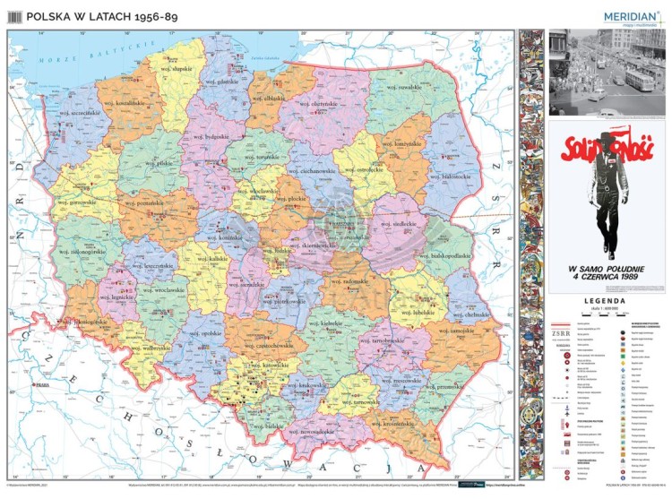 Polska w latach 1956-1989. Mapa ścienna 200 x 150 cm. Drewniane półwałki