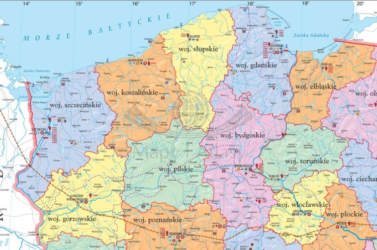 Polska w latach 1956-1989. Mapa ścienna 200 x 150 cm. Drewniane półwałki. Fragment 1