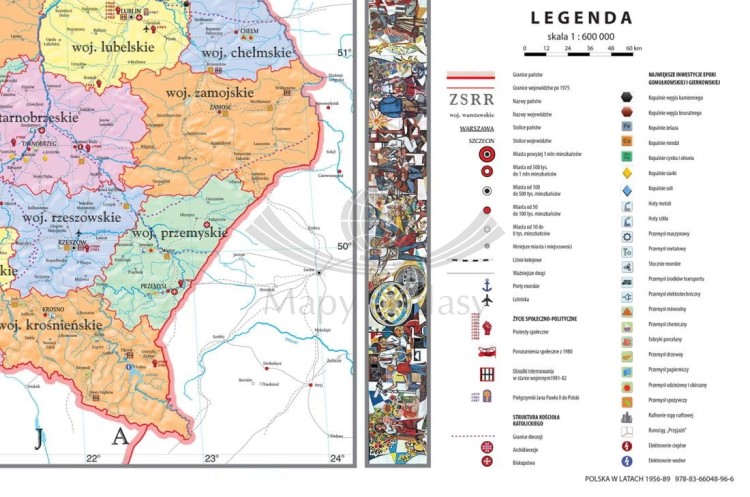 Polska w latach 1956-1989. Mapa ścienna 200 x 150 cm. Drewniane półwałki. Fragment 2