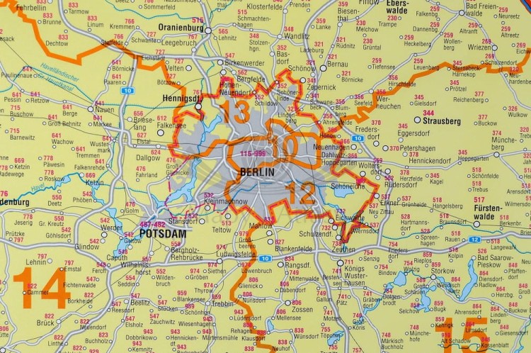 Niemcy 1:750 000. Mapa administracyjna. Kody pocztowe. Rama alu SLIM. Fragment 1