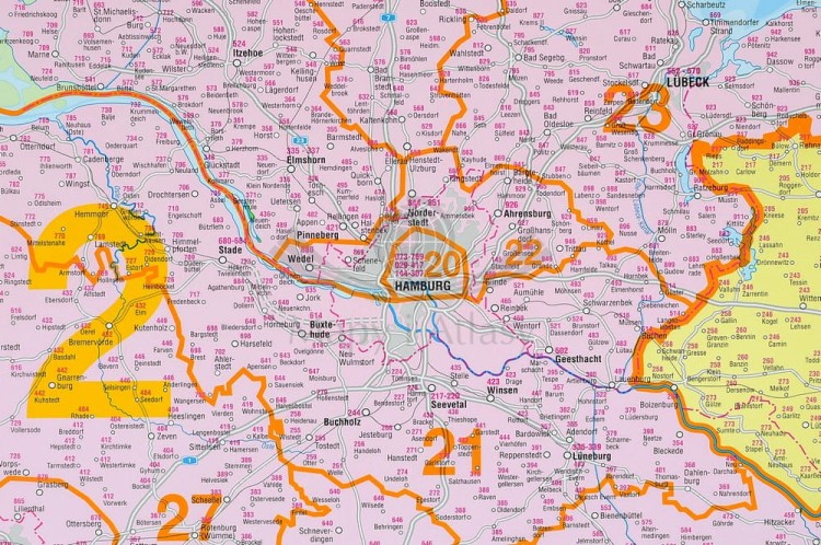 Niemcy 1:750 000. Mapa administracyjna. Kody pocztowe. Rama alu SLIM. Fragment 2
