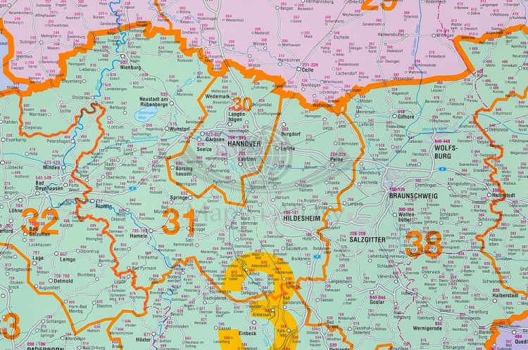 Niemcy 1:750 000. Mapa administracyjna. Kody pocztowe. Rama alu SLIM. Fragment 3