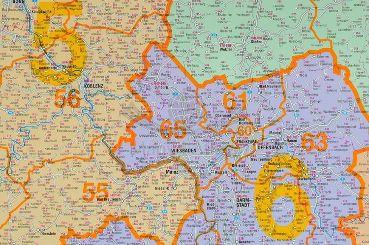 Niemcy 1:750 000. Mapa administracyjna. Kody pocztowe. Rama alu SLIM. Fragment 5