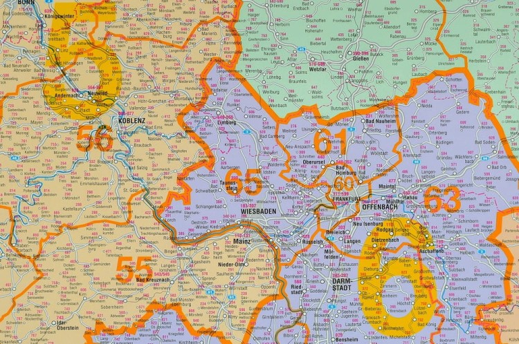 Niemcy 1:750 000. Mapa administracyjna do wpinania. Kody pocztowe. Rama alu SLIM. Fragment 5