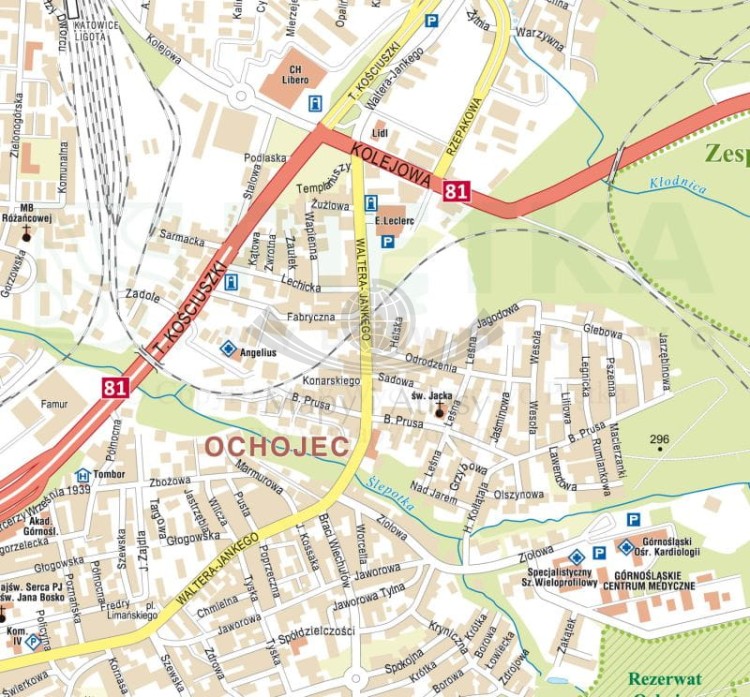 Katowice 1:15 000. Mapa ścienna / Plan miasta. Wersja STRONG. Fragment