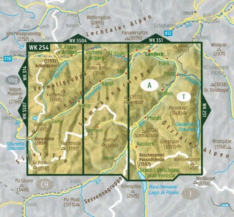 Landeck, przełęcz Reschen. Wodoodporna mapa turystyczna WK 254 wydawnictwa Freytag & Berndt. Zasięg