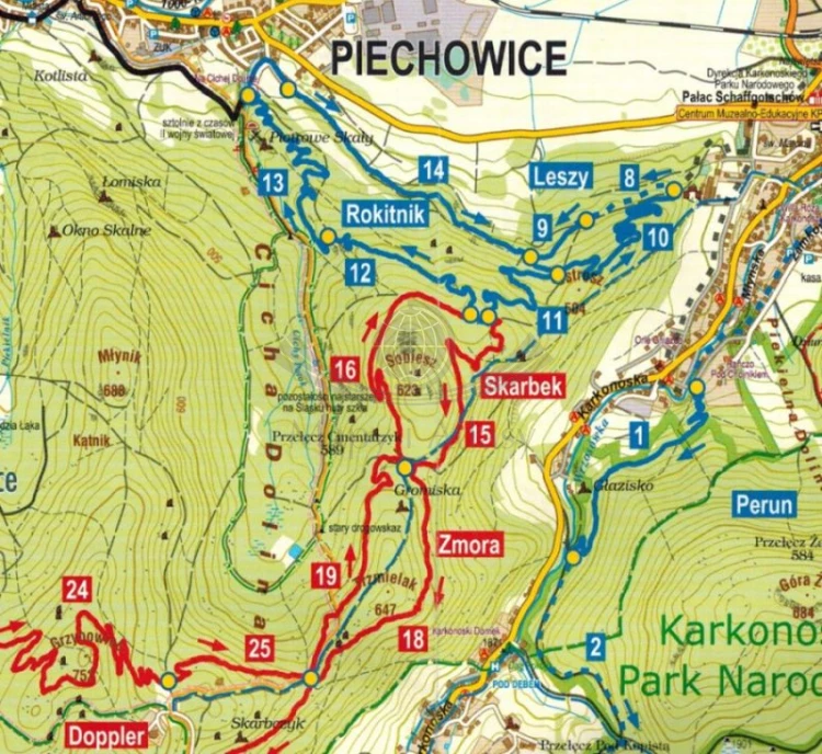 Karkonosze, Góry Izerskie, Kaczawskie, Rudawy Janowickie, Kotlina Jeleniogórska. Laminowana mapa rowerowa. Single Track wydawnictwa Galileos. Fragment 3