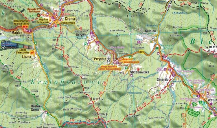 Bieszczady 1:100 000. Mapa atrakcji turystycznych wydawnictwa Compass. Fragment 3