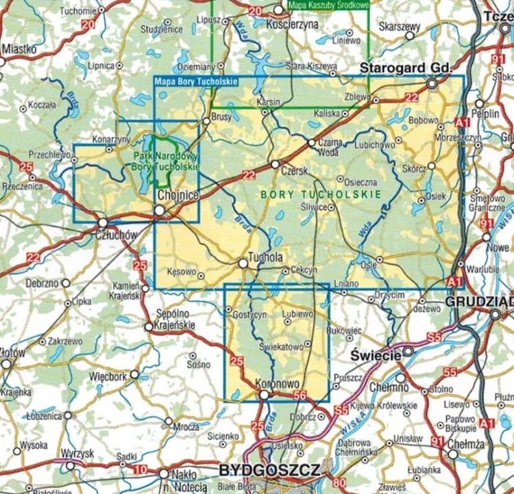 Bory Tucholskie - Szlak Kajakowy Brdy. Mapa turystyczna wydawnictwa Compass. Zasięg