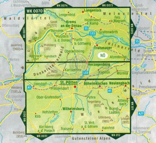 Traisental, Sankt Polten, Dunkelsteinerwald. Mapa turystyczna WK 0070 wydawnictwa Freytag & Berndt. Zasięg
