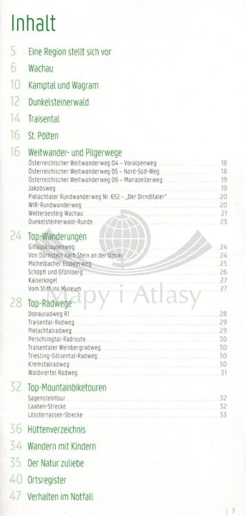 Traisental, Sankt Polten, Dunkelsteinerwald. Mapa turystyczna WK 0070 wydawnictwa Freytag & Berndt. Informator - spis treści