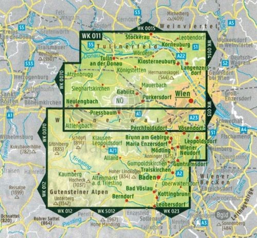 Las Wiedeński / Wienerwald 1:50 000. Wodoodporna mapa turystyczna WK 011 wydawnictwa Freytag Berndt. Zasięg
