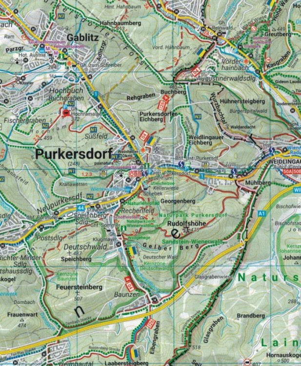 Las Wiedeński / Wienerwald 1:50 000. Wodoodporna mapa turystyczna WK 011 wydawnictwa Freytag Berndt. Fragment 1