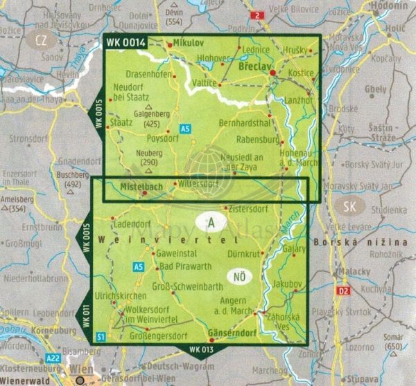 Dolna Austria / Ostliches Weinviertel, Mistelbach, Poysdorf, March. Mapa turystyczna WK 0014 wydawnictwa Freytag & Berndt. Zasięg