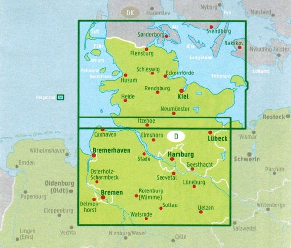 Schleswig-Holstein / Szlezwik-Holsztyn. Hamburg. 1:150 000. Mapa samochodowa wydawnictwa Freytag & Berndt. Zasięg