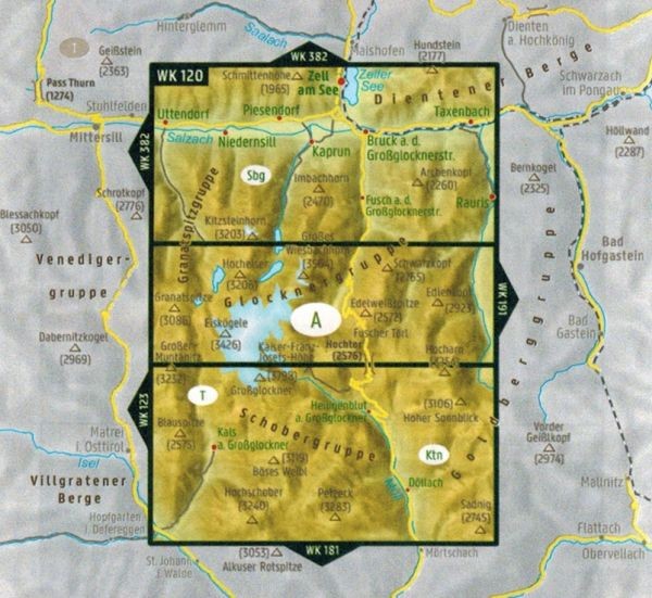 Grossglockner, Sonnblick, Kaprun, Zell am See. Mapa turystyczna WK 120 wydawnictwa Freytag & Berndt. Zasięg
