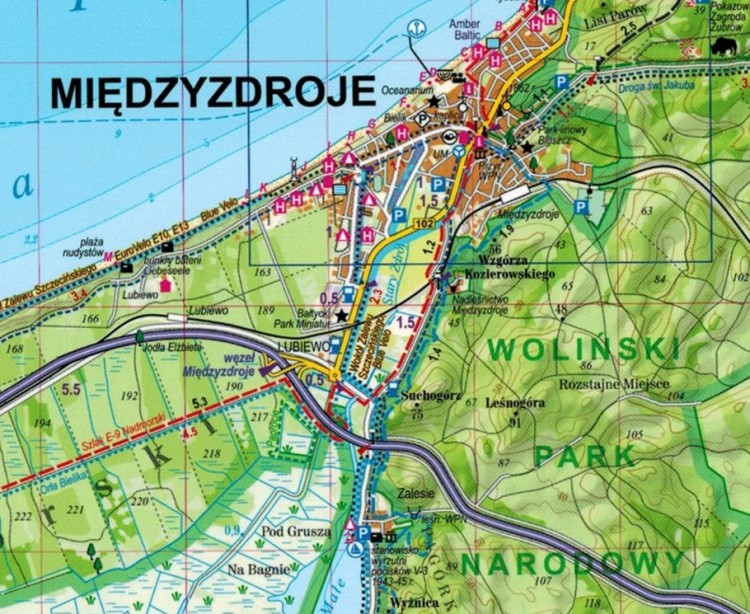 Wyspa Wolin, Woliński Park Narodowy. Laminowana mapa turystyczna wydawnictwa ExpressMap. Fragment 1
