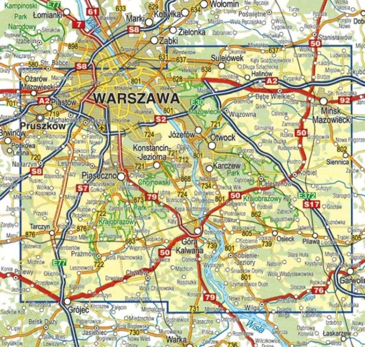 Południowe okolice Warszawy 1:50 000. Chojnowski i Mazowiecki Park Krajobrazowy. Mapa turystyczna wydawnictwa Compass. Zasięg