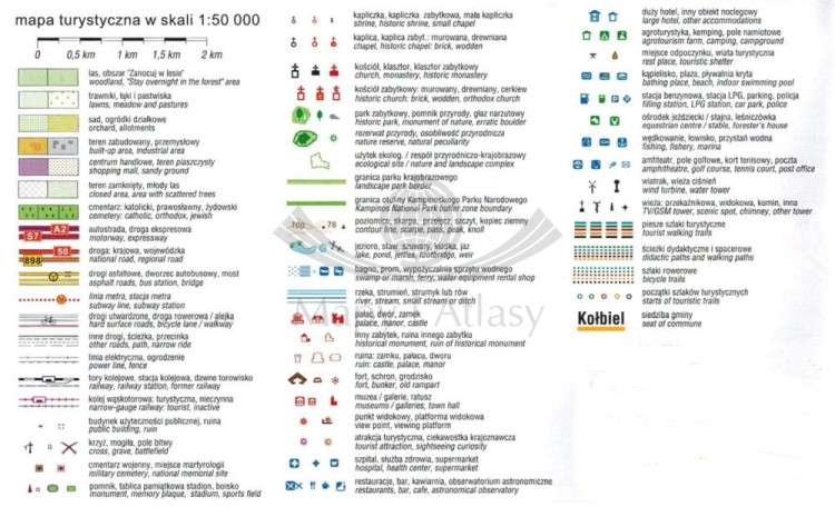 Południowe okolice Warszawy 1:50 000. Chojnowski i Mazowiecki Park Krajobrazowy. Mapa turystyczna wydawnictwa Compass. Legenda