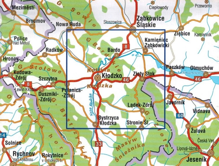 Kłodzko. Kotlina Kłodzka. Plan miasta / Mapa turystyczna wydawnictwa Galileos. Zasięg