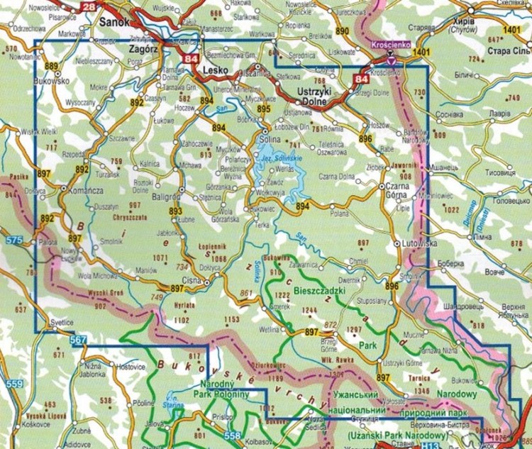 Bieszczady 1:50 000. Laminowana mapa turystyczna wydawnictwa Compass. Zasięg