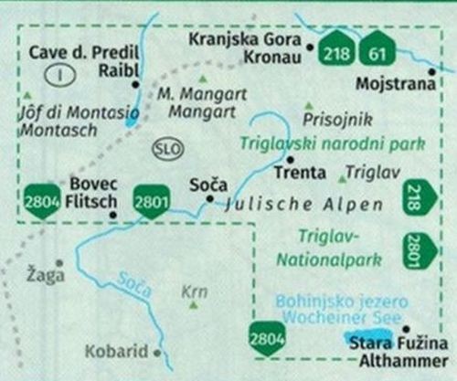 Alpy Julijskie. Park Narodowy Triglav. Wodoodporna mapa turystyczna 064 wydawnictwa Kompass. Zasięg