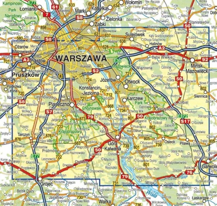 Południowe okolice Warszawy 1:50 000. Chojnowski i Mazowiecki Park Krajobrazowy. Laminowana mapa turystyczna wydawnictwa Compass. Zasięg