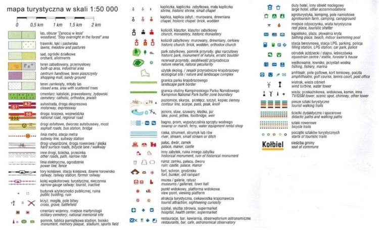 Południowe okolice Warszawy 1:50 000. Chojnowski i Mazowiecki Park Krajobrazowy. Laminowana mapa turystyczna wydawnictwa Compass. Legenda