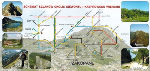 Tatry. Giewont, Kasprowy Wierch. Mapa atrakcji turystycznych wydawnictwa Galileos. Schemat szlaków