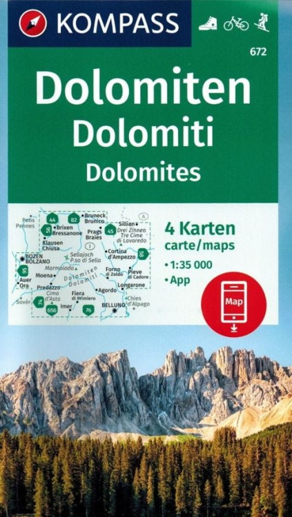 Dolomity. Zestaw czterech map turystycznych 672 wydawnictwa Kompass. Okładka zestawu