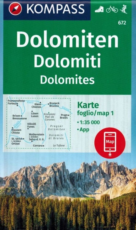 Dolomity. Zestaw czterech map turystycznych 672 wydawnictwa Kompass. Mapa 1 - okładka