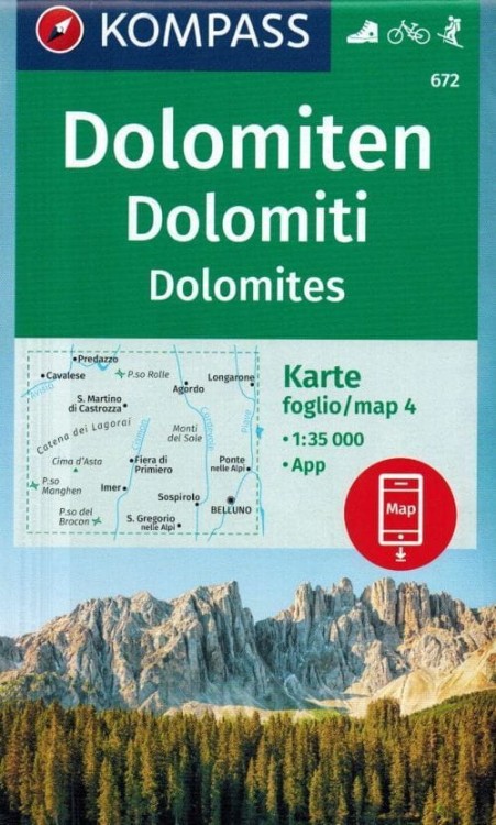 Dolomity. Zestaw czterech map turystycznych 672 wydawnictwa Kompass. Mapa 4 - okładka