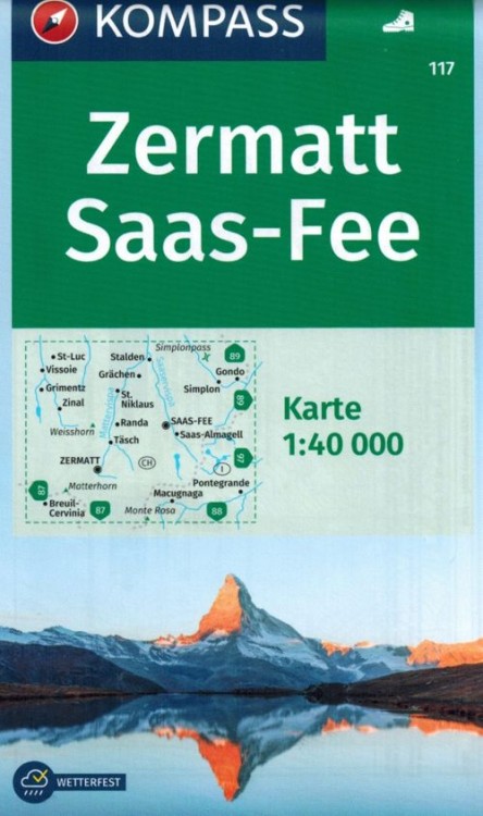 Zermatt, Saas-Fee i okolice. Wodoodporna mapa turystyczna 117 wydawnictwa Kompass. Okładka