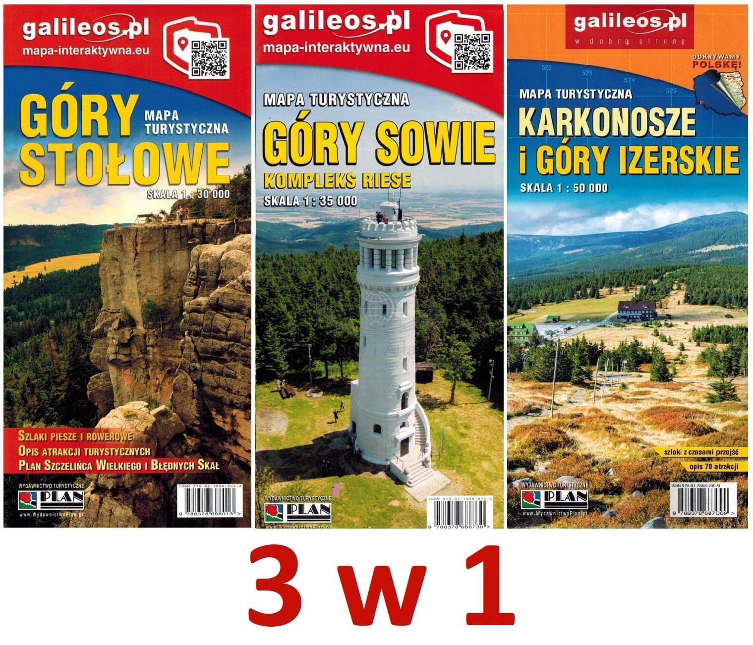 Góry Stołowe, Sowie, Karkonosze, Izerskie. Zestaw: 3 x mapa turystyczna. Galileos