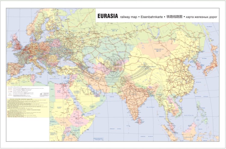 Euroazja. Mapa ścienna kolejowa