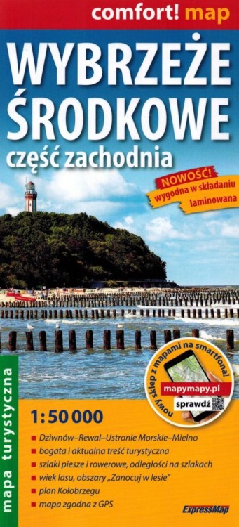 Wybrzeże Środkowe, część zachodnia. Dziwnów - Rewal - Kołobrzeg - Ustronie Morskie - Mielno. Laminowana mapa turystyczna wydawnictwa ExpressMap. Okładka