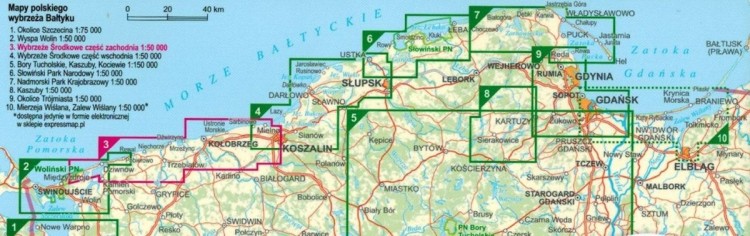 Wybrzeże Środkowe, część zachodnia. Dziwnów - Rewal - Kołobrzeg - Ustronie Morskie - Mielno. Laminowana mapa turystyczna wydawnictwa ExpressMap. Zasięg