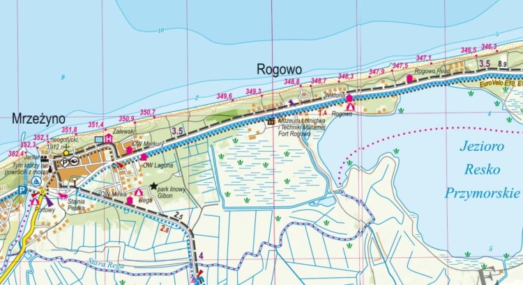 Wybrzeże Środkowe, część zachodnia. Dziwnów - Rewal - Kołobrzeg - Ustronie Morskie - Mielno. Laminowana mapa turystyczna wydawnictwa ExpressMap. Fragment
