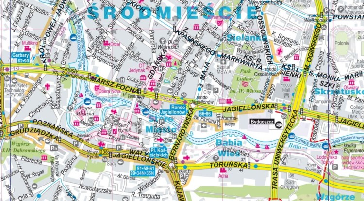 Bydgoszcz 1:20 000. Foliowana mapa / Plan miasta wydawnictwa ExpressMap. Fragment